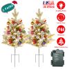 2Pcs Battery Powered Lighted Christmas Tree Urn Filler With Light Artificial Xmas Trees Light with Berries Balls LED Pathway Pine Tree IP44 Waterproof