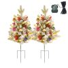 2Pcs Battery Powered Lighted Christmas Tree Urn Filler With Light Artificial Xmas Trees Light with Berries Balls LED Pathway Pine Tree IP44 Waterproof