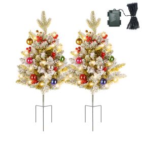 2Pcs Battery Powered Lighted Christmas Tree Urn Filler With Light Artificial Xmas Trees Light with Berries Balls LED Pathway Pine Tree IP44 Waterproof
