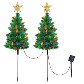 2Pack 37.4in Height Solar Christmas Tree With 100 Colorful LED Beads 8 Lighting Modes For Xmas Decoration IP44 Waterproof Outdoor Pathway Stake Light