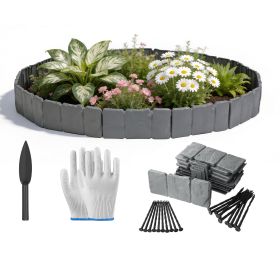 16FT Non-Digging Plastic Landscape Edging 20Pcs Faux Cobbled Stone Garden Borders with 20 Spikes Shovel Gloves Flexible Bendable for Flower Beds Pathw