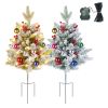 2Pcs Battery Powered Lighted Christmas Tree Urn Filler With Light Artificial Xmas Trees Light with Berries Balls LED Pathway Pine Tree IP44 Waterproof