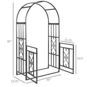 81" Metal Garden Arbor with Double Doors, Locking Gate, Climbing Vine Frame with Heart Motifs, Arch for Wedding, Bridal Party Decoration, Grey