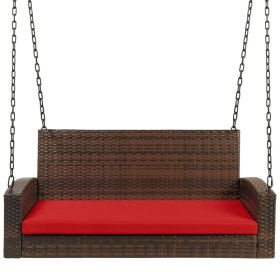Brown Wicker Hanging Patio Porch Swing Bench W/ Mounting Chains And Red Seat Cushion