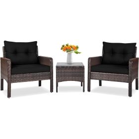 3-Piece Brown Pe Rattan Outdoor Dining Patio Furniture Set With Black Cushions