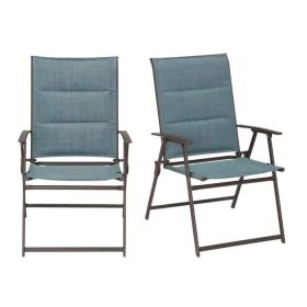 Set Of 2 - Outdoor Folding Patio Dining Chair With Blue Denim Padded Seat