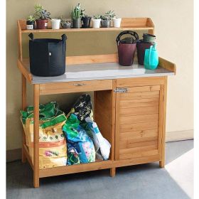 Natural Fir Wood Potting Bench With Galvanized Steel Table Top