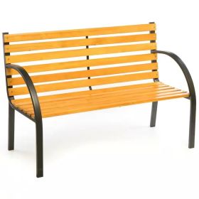Outdoor Black Metal Frame Garden Bench With Wood Slats And Curved Armrests