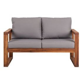 Farmhouse Modern Outdoor Acacia Loveseat With Grey Cushion