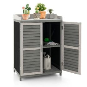 Grey Solid Wood Patio Storage Cabinet Garden Potting Bench Table With Metal Top