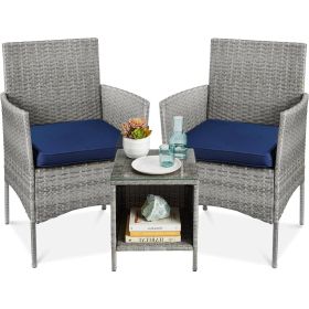 3-Piece Grey Pe Wicker Outdoor Patio Furniture Dining Set W/ Navy Blue Cushions