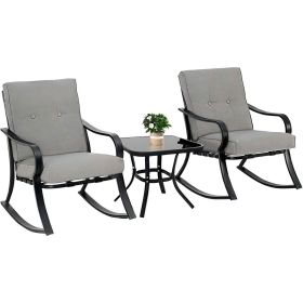 Outdoor 3-Piece Patio Furniture Table Rocking Chairs Set With Grey Cushions