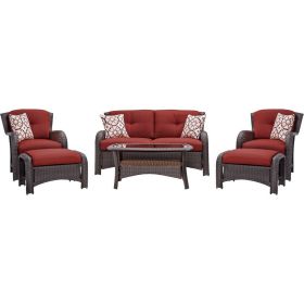 Brown Resin Wicker 6-Piece Patio Furniture Lounge Set With Red Seat Cushions