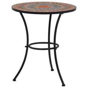 Round Outdoor Patio Bistro Table Grey/Orange Mosaic Tiles And Metal Frame