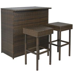 Outdoor 3-Piece Pe Wicker Bar Set With Table And Stools