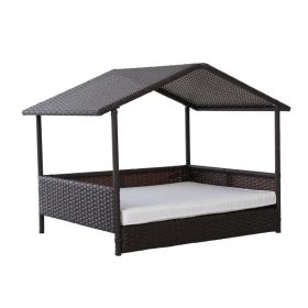 Espresso Wicker Weather Resistant Raised Dog Bed House With 2 In Thick Cushion