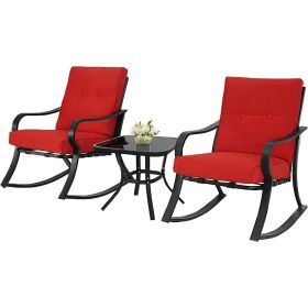Outdoor 3-Piece Patio Furniture Rocking Chairs Table Set With Red Cushions