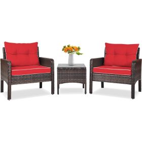 3-Piece Brown Pe Rattan Outdoor Dining Patio Furniture Set With Red Cushions