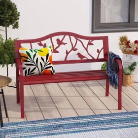 Red Steel Frame Outdoor Patio Garden Bench With Bird Branch Pattern Backrest