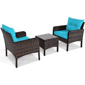 3-Piece Brown Pe Rattan Outdoor Patio Furniture Dining Set W/ Turquoise Cushions