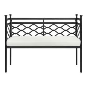 Outdoor Patio Black Metal Garden Bench With White Natural Seat Cushion
