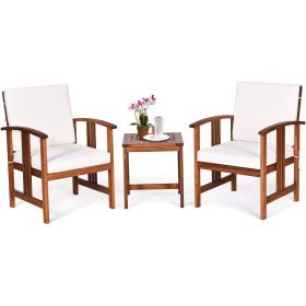 3-Piece Solid Wood Outdoor Patio Furniture Table Chairs Set With White Cushions