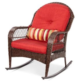 Outdoor Patio Brown Wicker Rocking Chair With Red Cushions And Accent Pillow