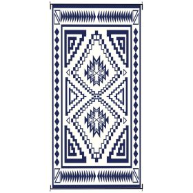 Reversible Outdoor Rug, Waterproof Plastic Straw With Carry Bag, 9 X 18, Blue & White Square Patchwork (Color: Blue)
