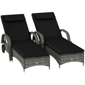2 Reclining Chaise Lounge Chairs, Rolling Outdoor Chairs With Cushion, Pillow, Headrest, Armrests, And Wheels, Black (Color: BLACK)
