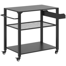 3-Tier Outdoor Grill Cart With Storage Racks, Side Handle, Movable Pizza Oven Table On Wheels (Color: BLACK)