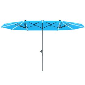 15ft Double-Sided Outdoor Umbrella With Solar Lights, Extra Large Aluminum Patio Umbrella With Crank, Blue (Color: Blue)