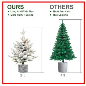 2FT 3FT 4.5FT 6.5FT Pre-lit Potted Flocked Christmas Tree, Snow Frosted Mini Tabletop Artificial Christmas Tree With LED Lights And PE & PVC Bran (Option: 2ft)