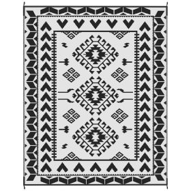 Reversible Outdoor Rug, Waterproof Plastic Straw With Carry Bag, 8 X 10, Black & White Rhombus Patchwork (Color: BLACK)