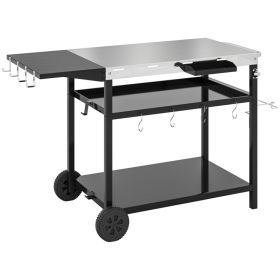 Outdoor Bar Cart Grill Table With Stainless Steel Tabletop, Wheeled Outdoor Serving Cart Prep Table With Storage, Hooks (Color: BLACK)