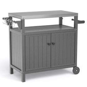 Outdoor Grilling Table with Storage,,Waterproof Outdoor Grill Cabinet,Stainless Steel Tabletop Outdoor Kitchen Island,BBQ Cart with Wheels (Color: Grey)